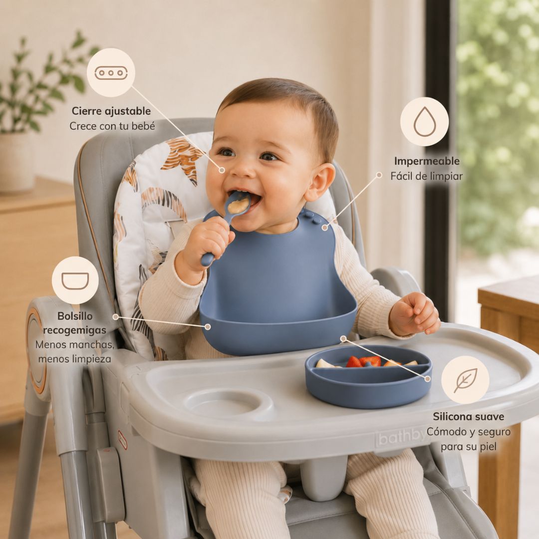 Pack De 3 Baberos De Silicona Para Bebé, Baberos Impermeables Con Bolsillo Recogecomida Y Reutilizables Bathby_1