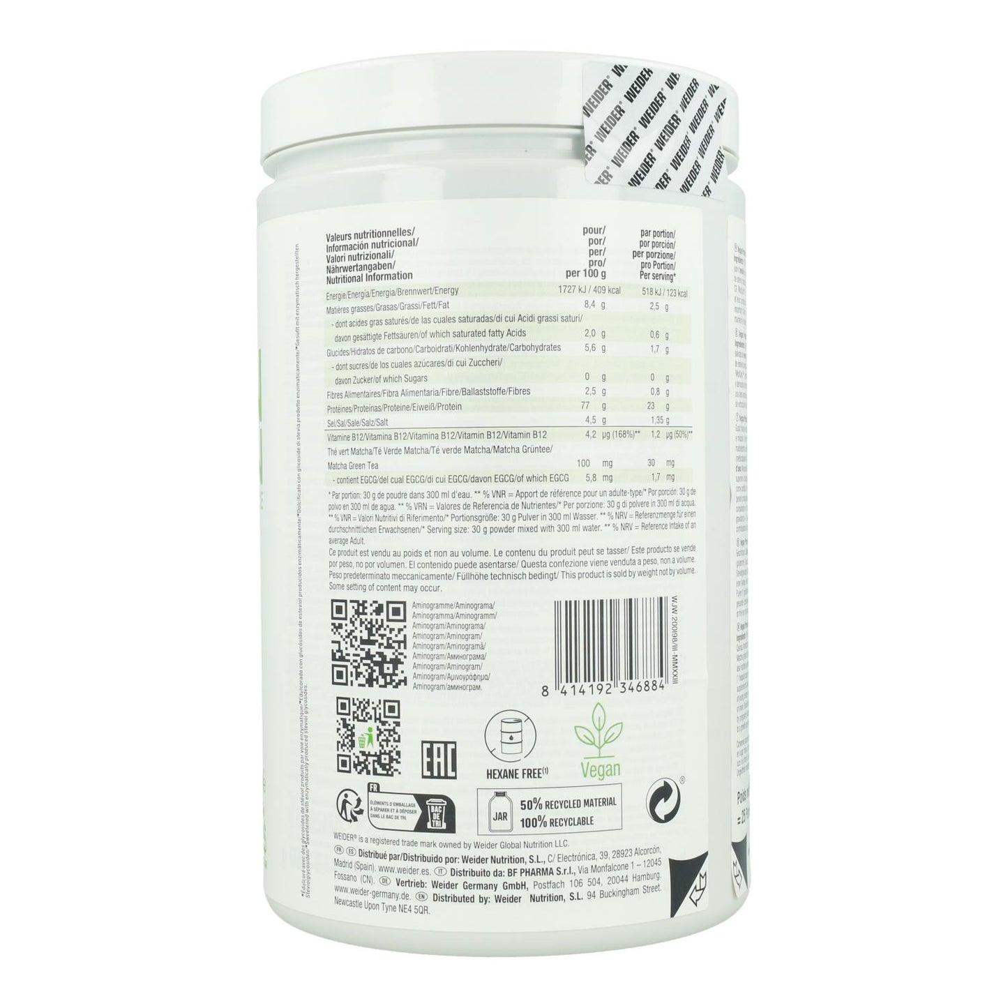 Proteína Vegan - Manga Matcha, 750g. Weider