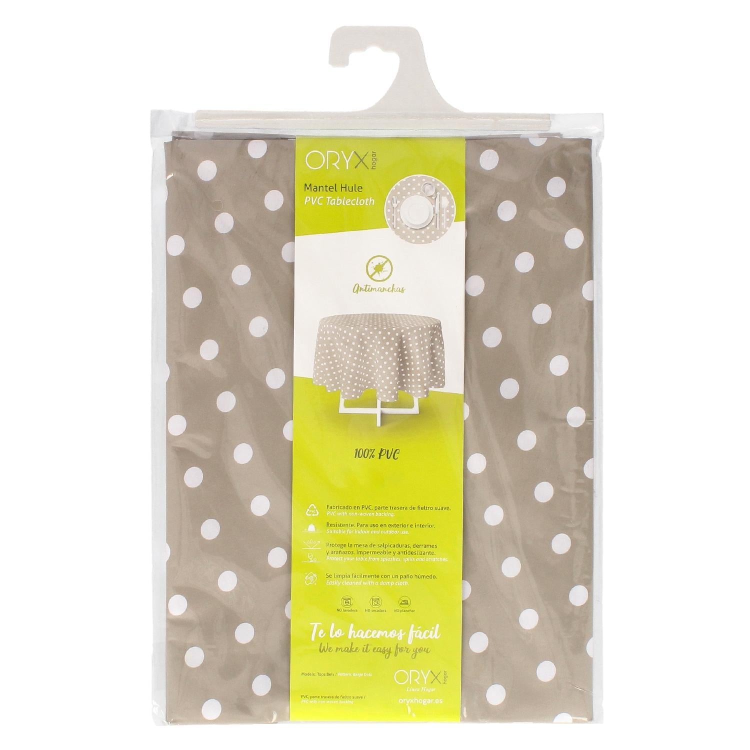 Mantel Hule Redondo Topos Beige Impermeable Antimanchas Pvc Ø140 Cm. Uso Interior Y Exterior