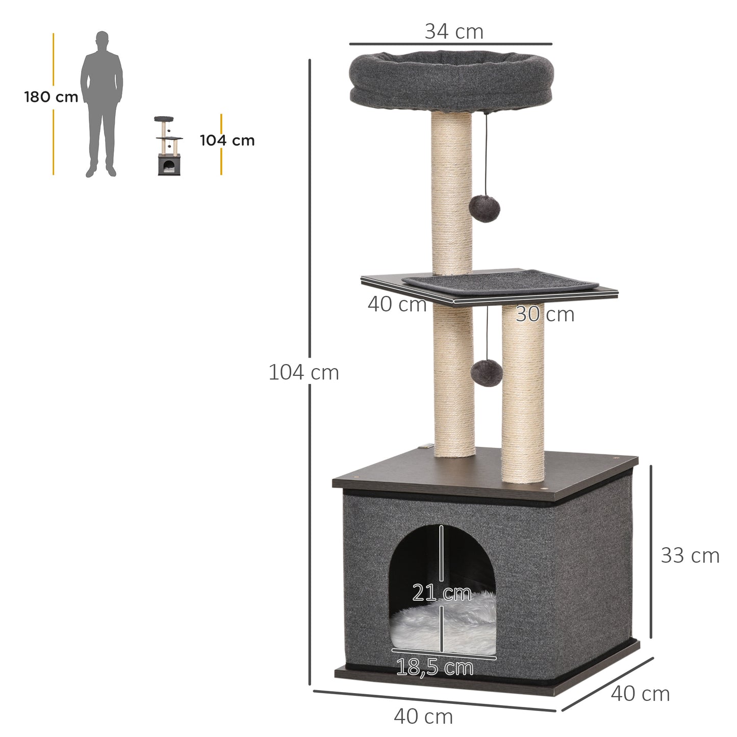 Pawhut Árbol Gatos Con Cueva De Fieltro Desmontable Y Postes Rascadores De Sisal_2