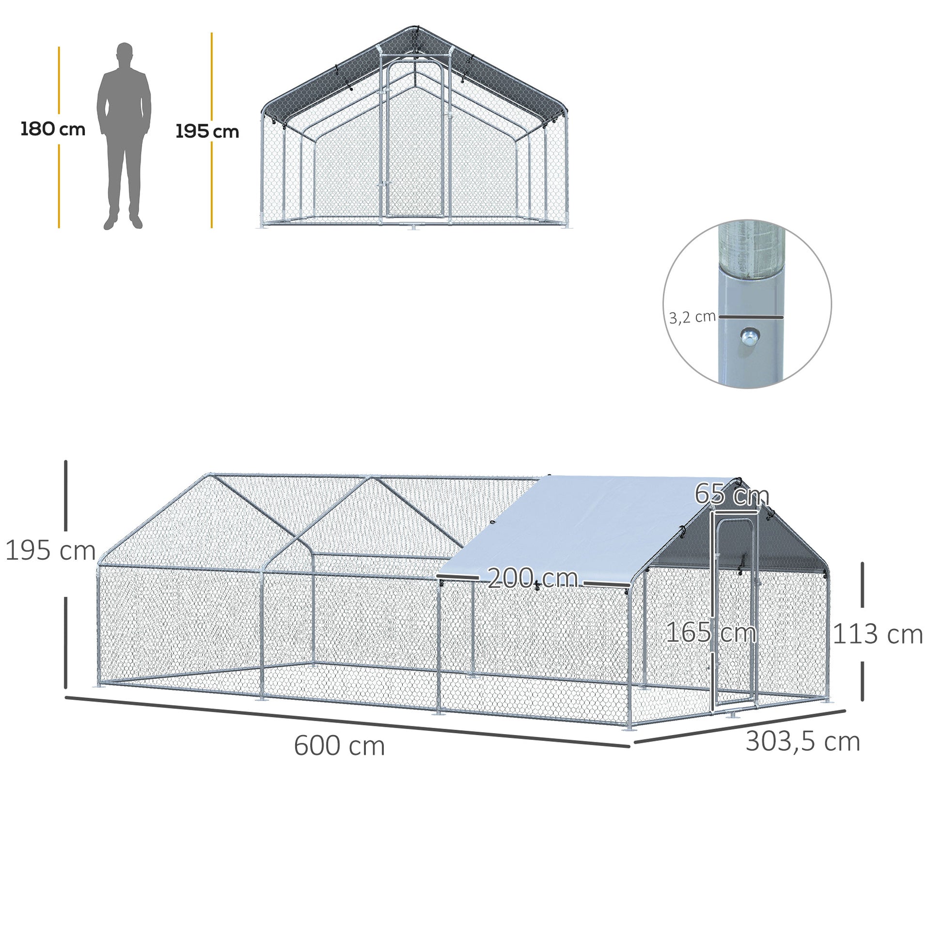 Pawhut Gallinero Exterior Grande De Metal Galvanizado 3,03x6x1,95 M Plata_2