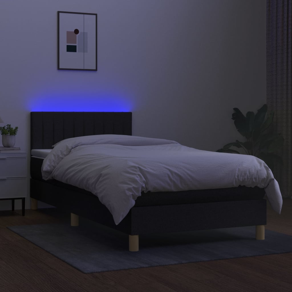 Cama Box Spring Con Colchón Y Led Tela Negro 90x190 Cm / Vetonek_0