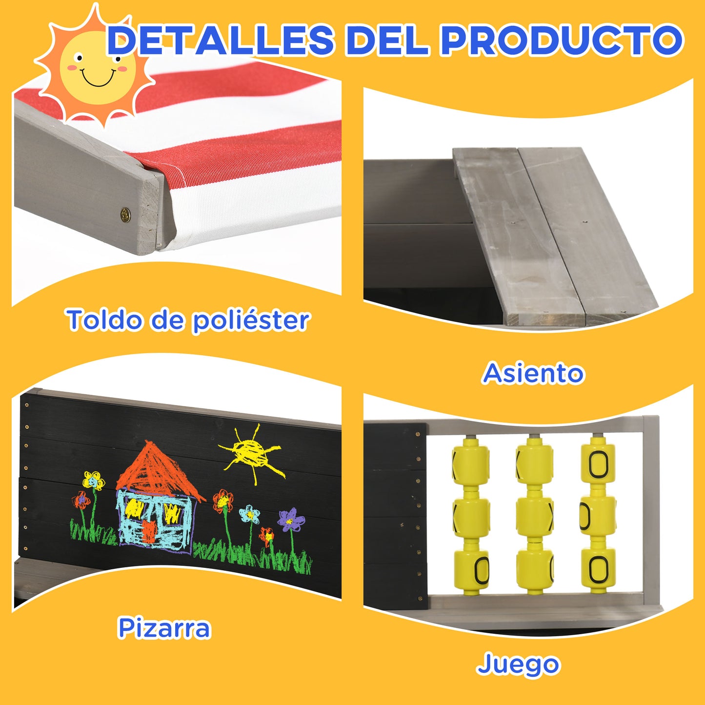 Outsunny Arenero De Madera Para Niños De 3-7 Años Techo Ajustable 114x113x110 Cm_5