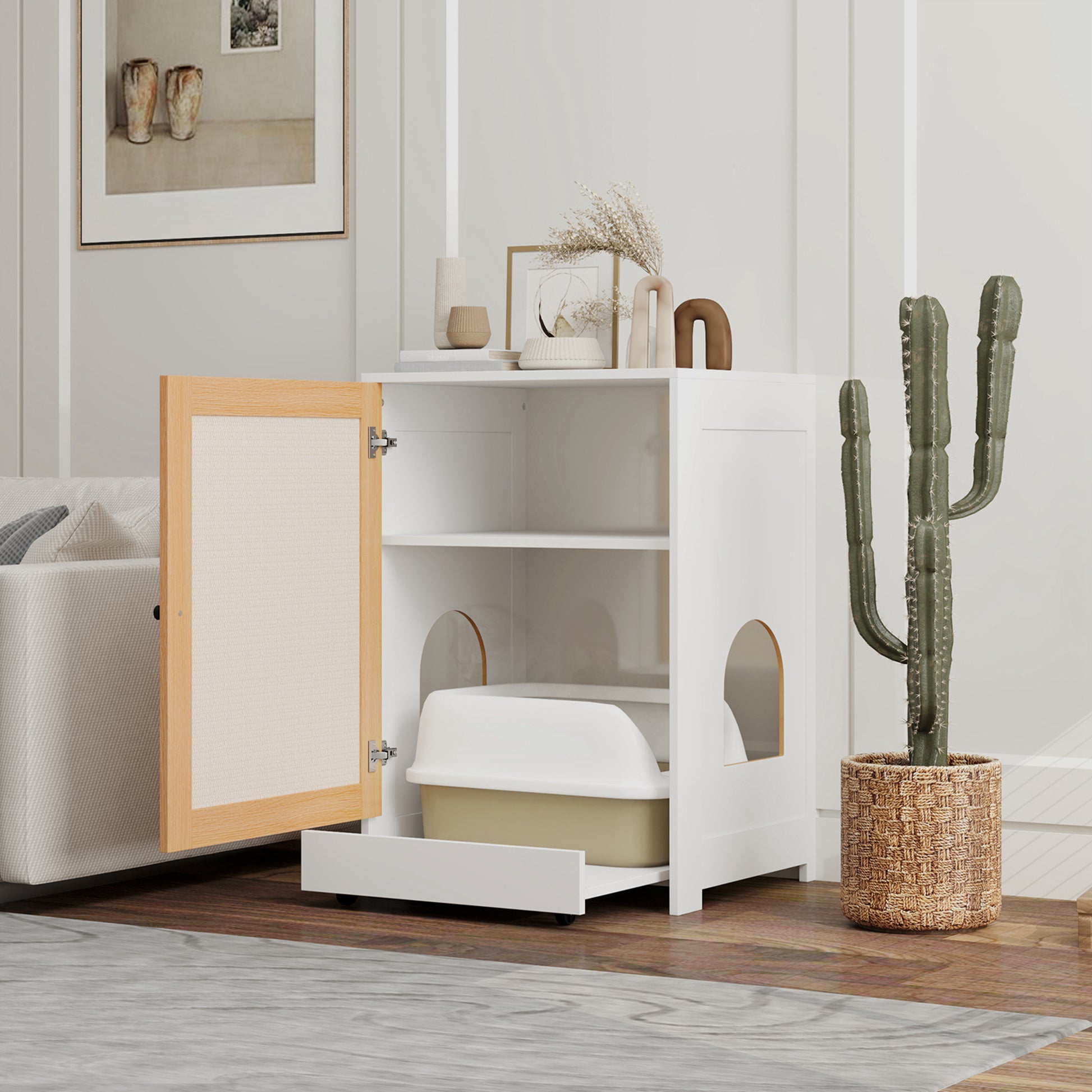 Pawhut Mueble Arenero Para Gatos Con Bandeja Extraíble 57x50x80,5 Cm Blanco_1