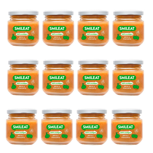Embalagem de 12 frascos de pera e maçã Smileat +6 meses, 130g