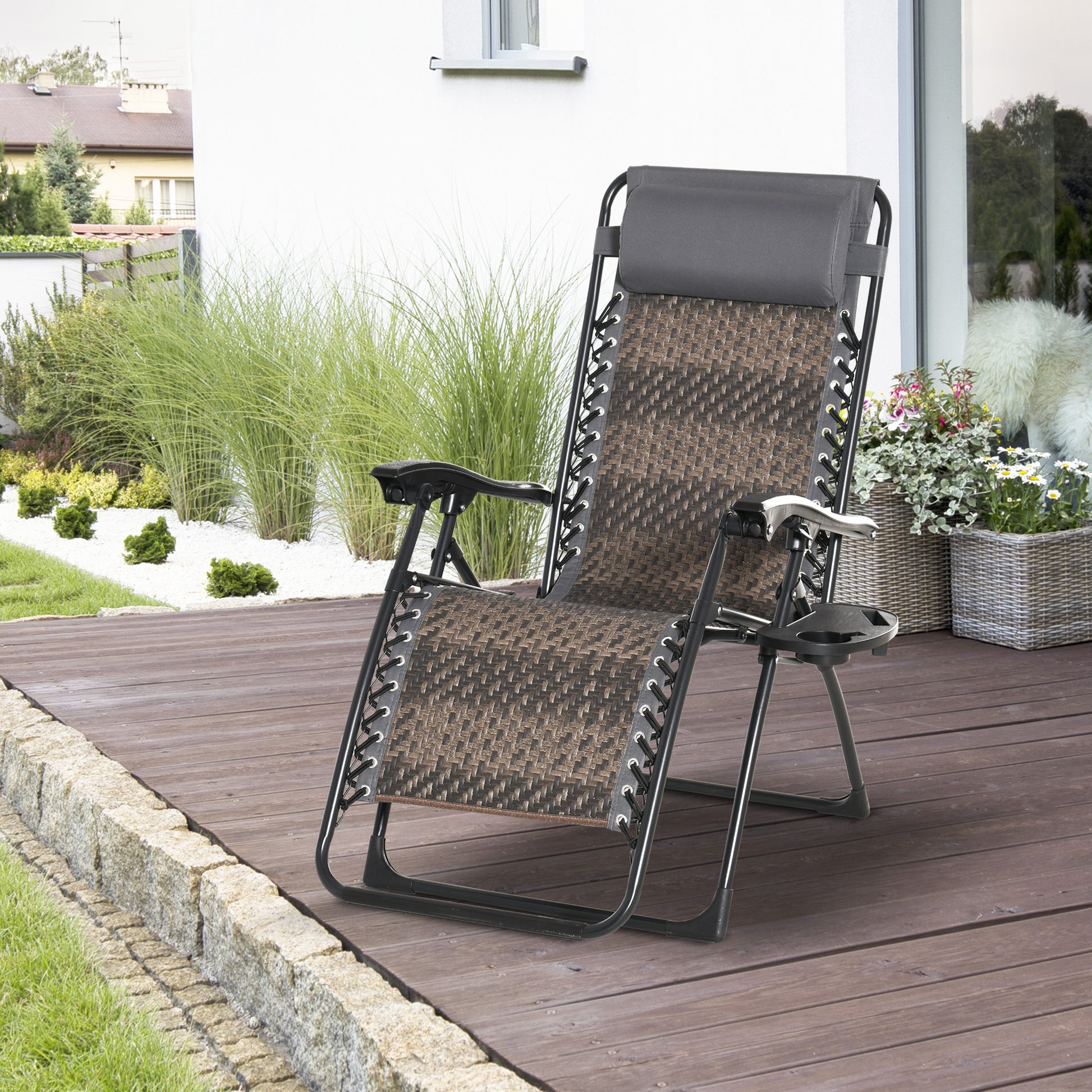 Outsunny Tumbona Plegable De Ratán Con Respaldo Ajustable Reposacabezas_1