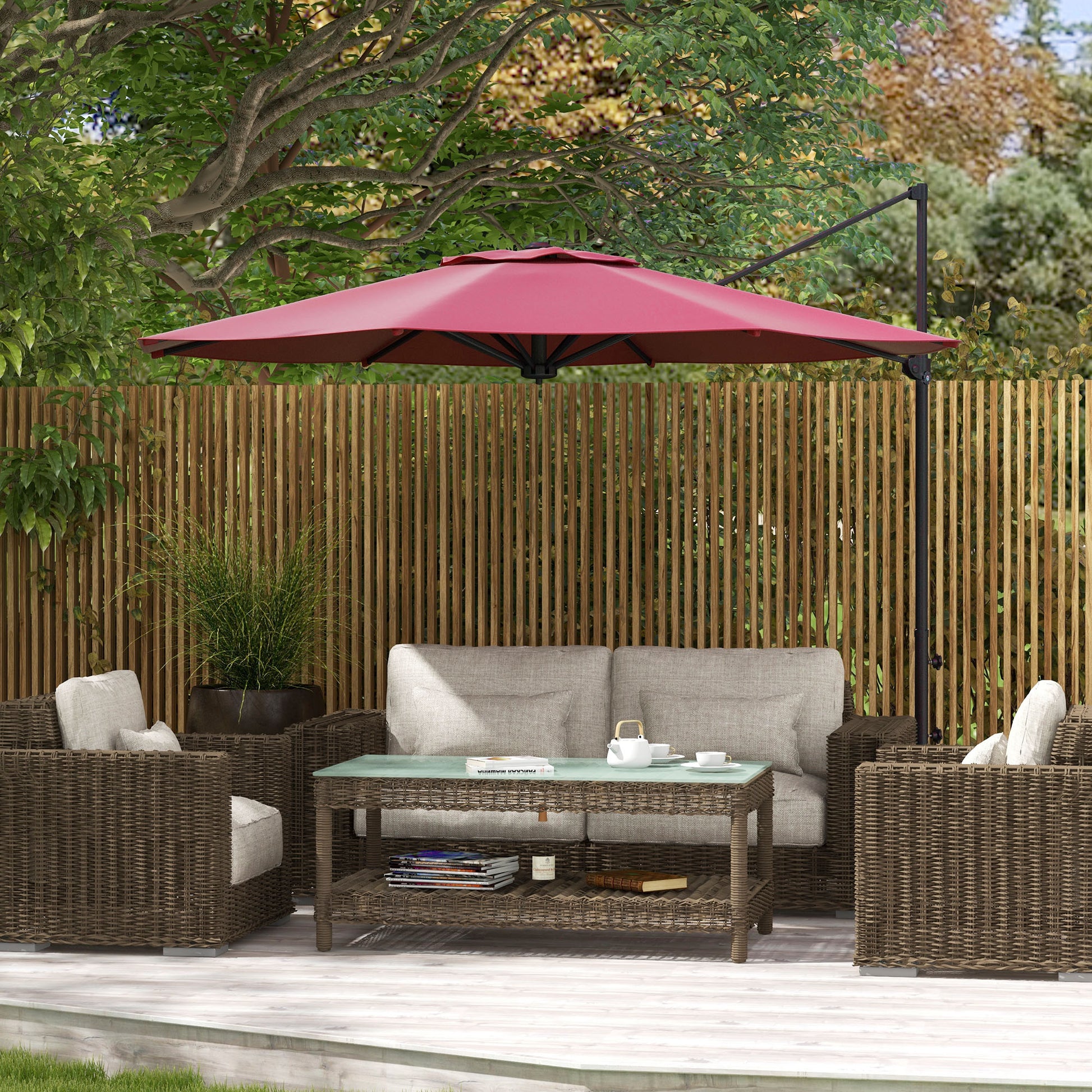 Outsunny Sombrilla De Jardín Ø294x242 Cm Con Altura Ajustable Rojo Vino_1