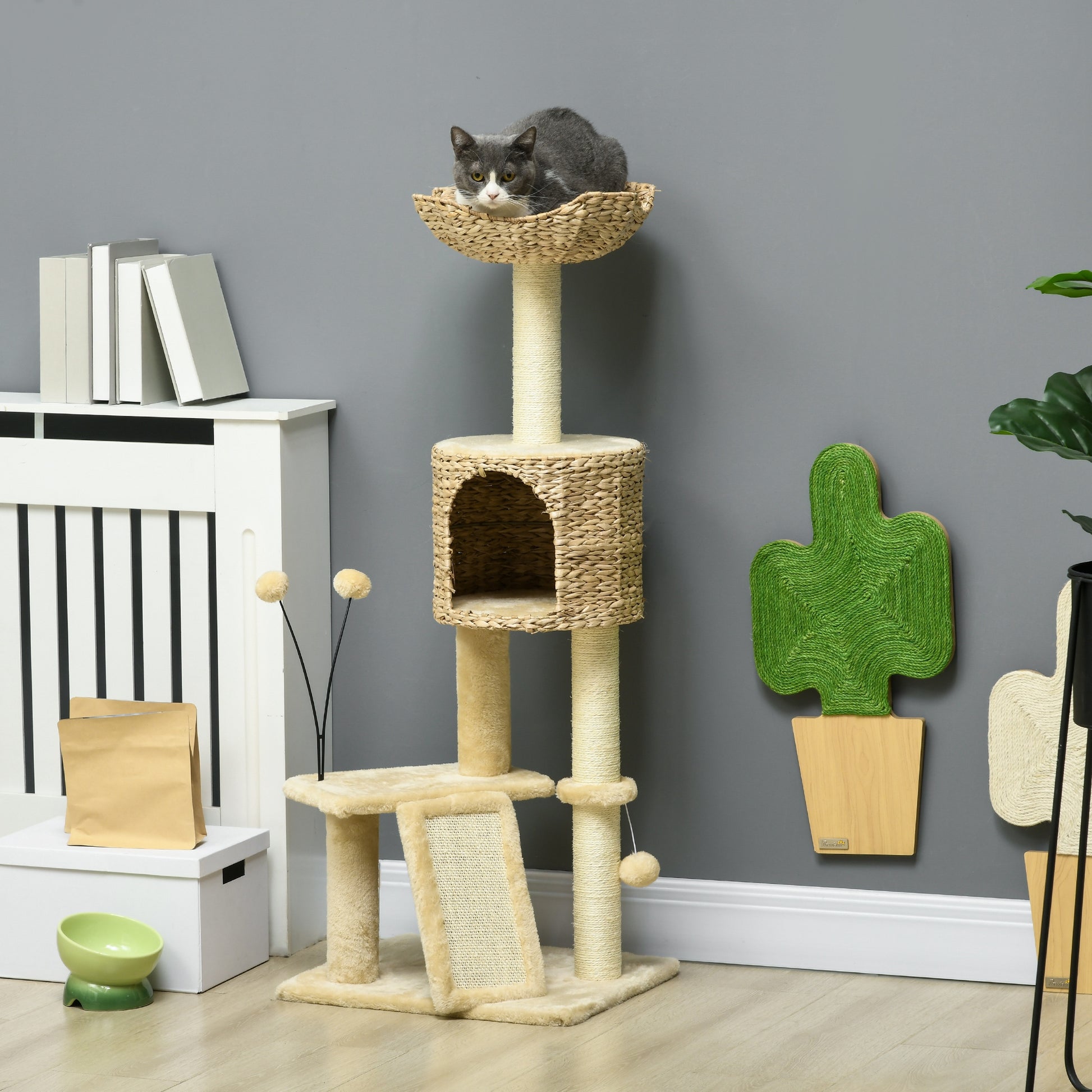 Pawhut Árbol Rascador Para Gatos De 116 Cm Con Postes Rampa 45x40x116 Cm Beige_1