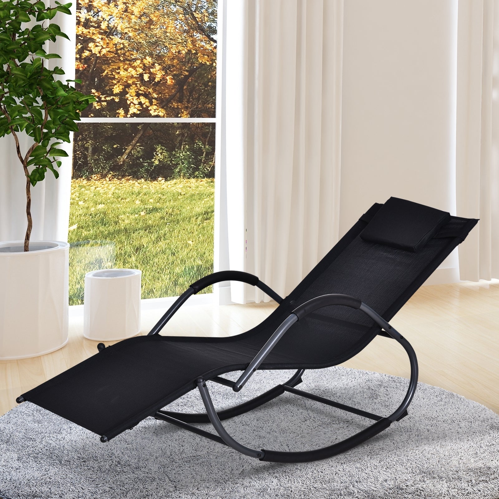 Outsunny Tumbona Para Jardín Mecedora Con Reposabrazos Para Exterior Negro_1