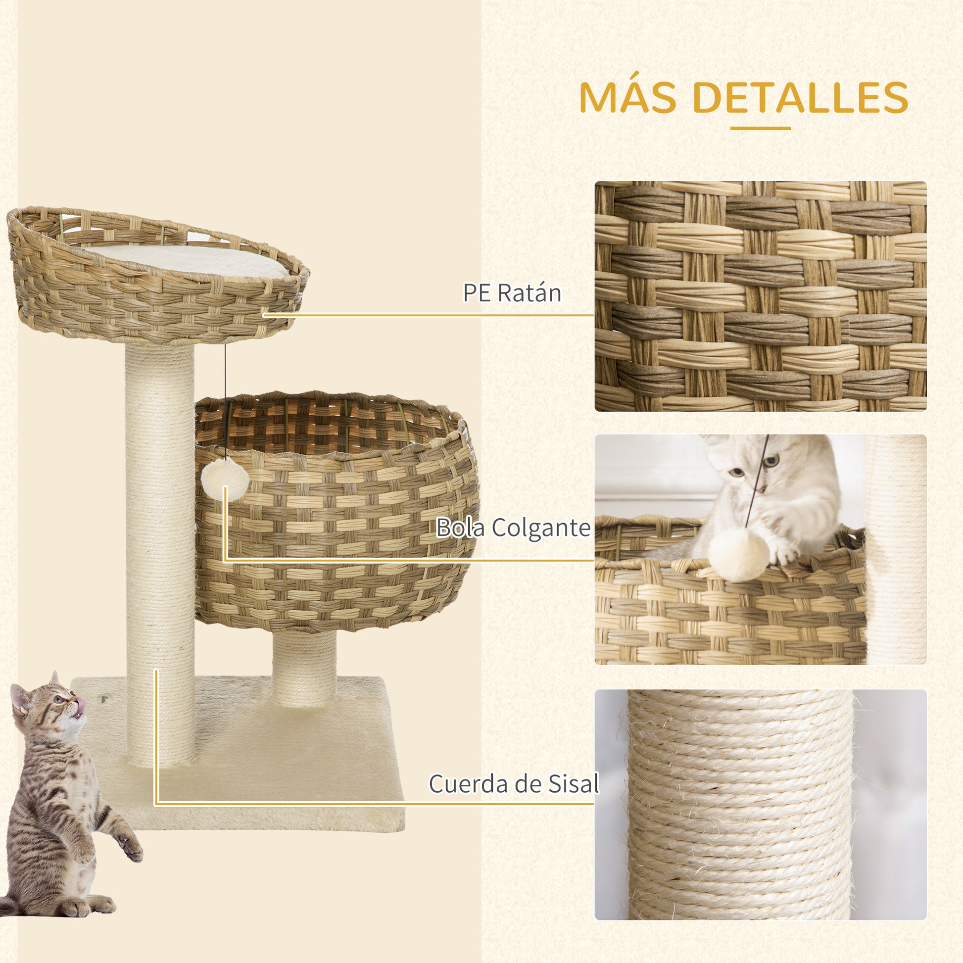 Pawhut Árbol Gatos Con Cama Cesta De Mimbre Postes Rascadores Sisal 54x40x70 Cm_5