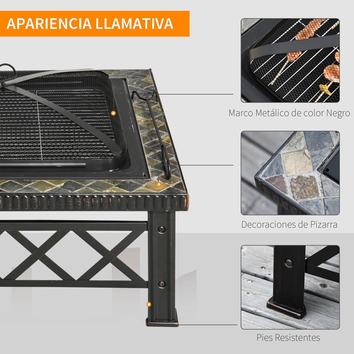 Outsunny Brasero Exterior Cuadrada Multifuncional 76x76x47 Cm Calefacción_5