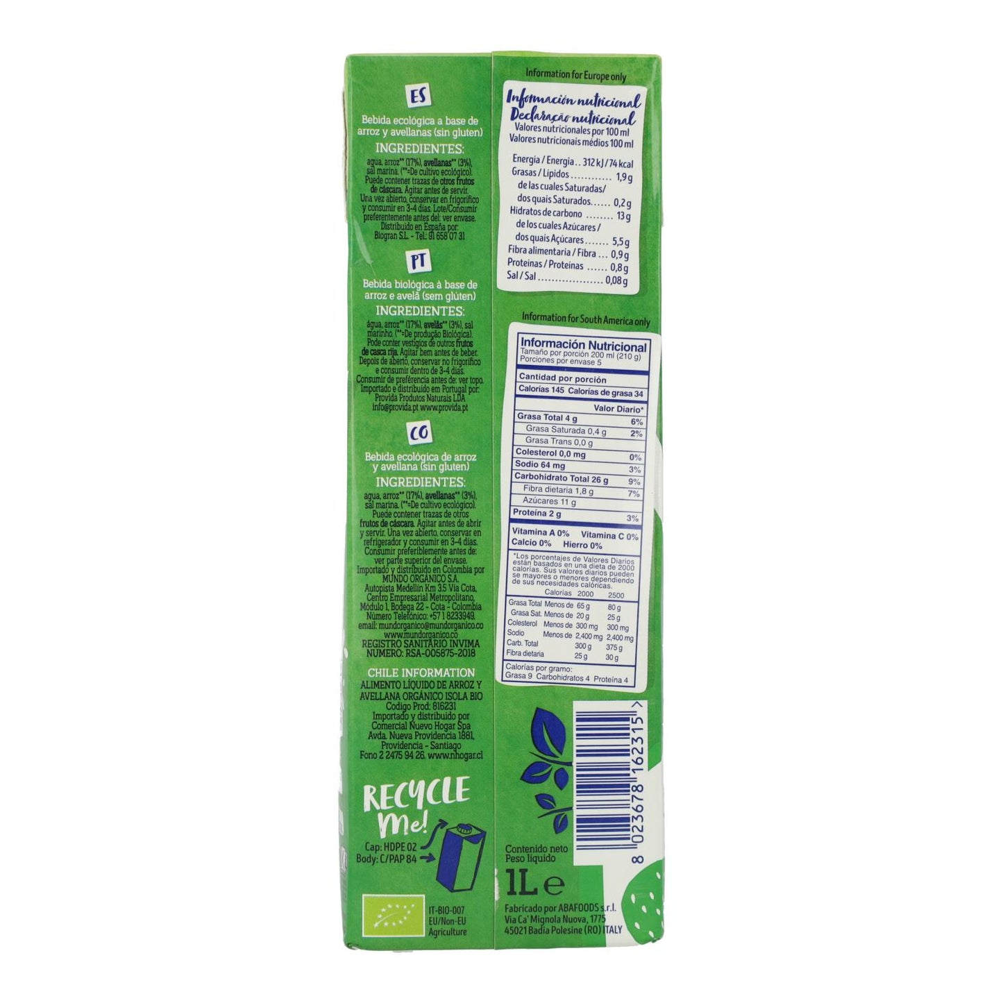 Bebida de arroz e avelã biológica, Isola Bio, 1 L