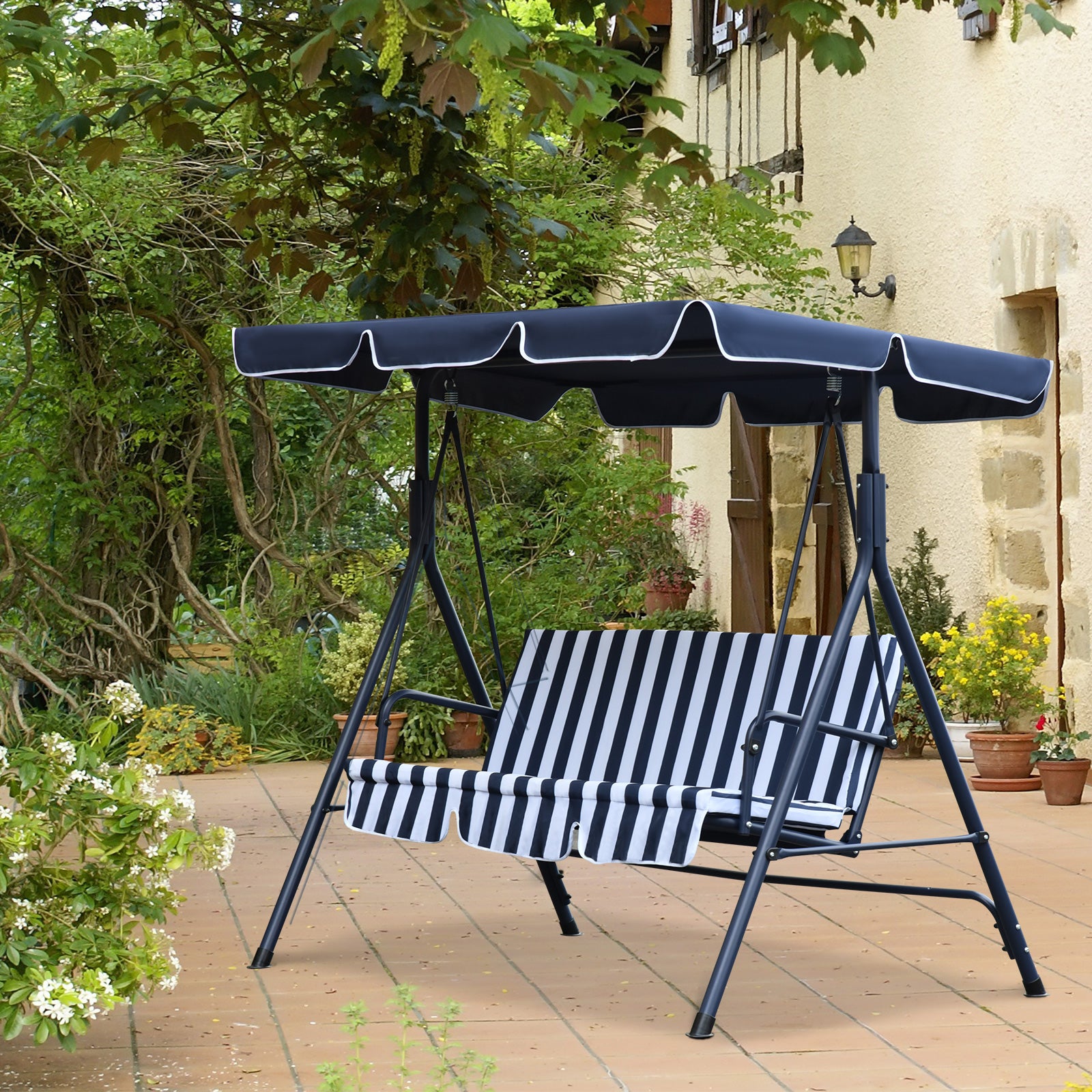 Outsunny Columpio Balancín De Jardín De 3 Plazas Con Techo Ajustable Raya Azul_1