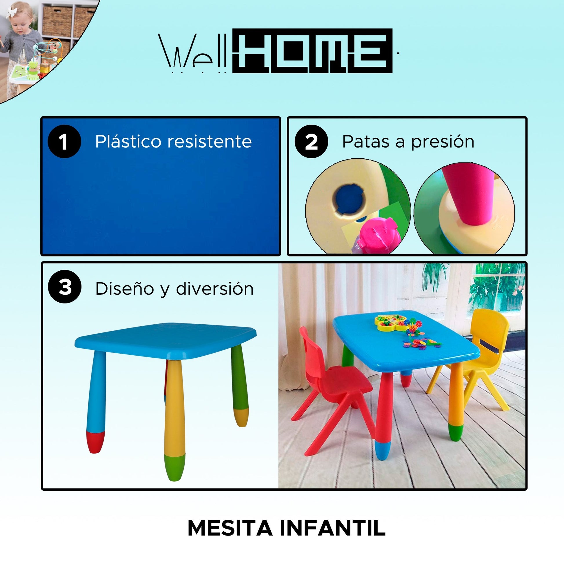 Mesita Infantil Rectangular Azul Y 2 Sillas_1