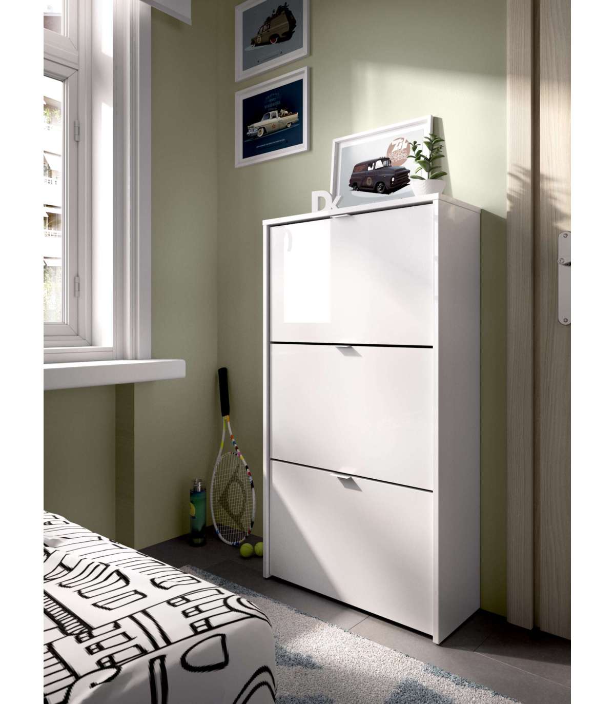 Zapatero 3 Puertas Porcuna Acabado Blanco Brillo, 61 Cm(ancho) 113 Cm(altura) 25 Cm(fondo)_0