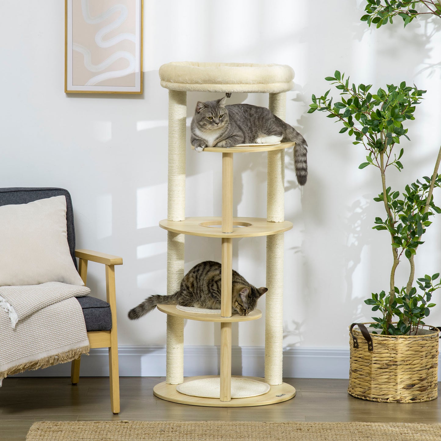 Pawhut Árbol Rascador Para Gatos De Madera 123,5 Cm Con Múltiples Plataformas_1