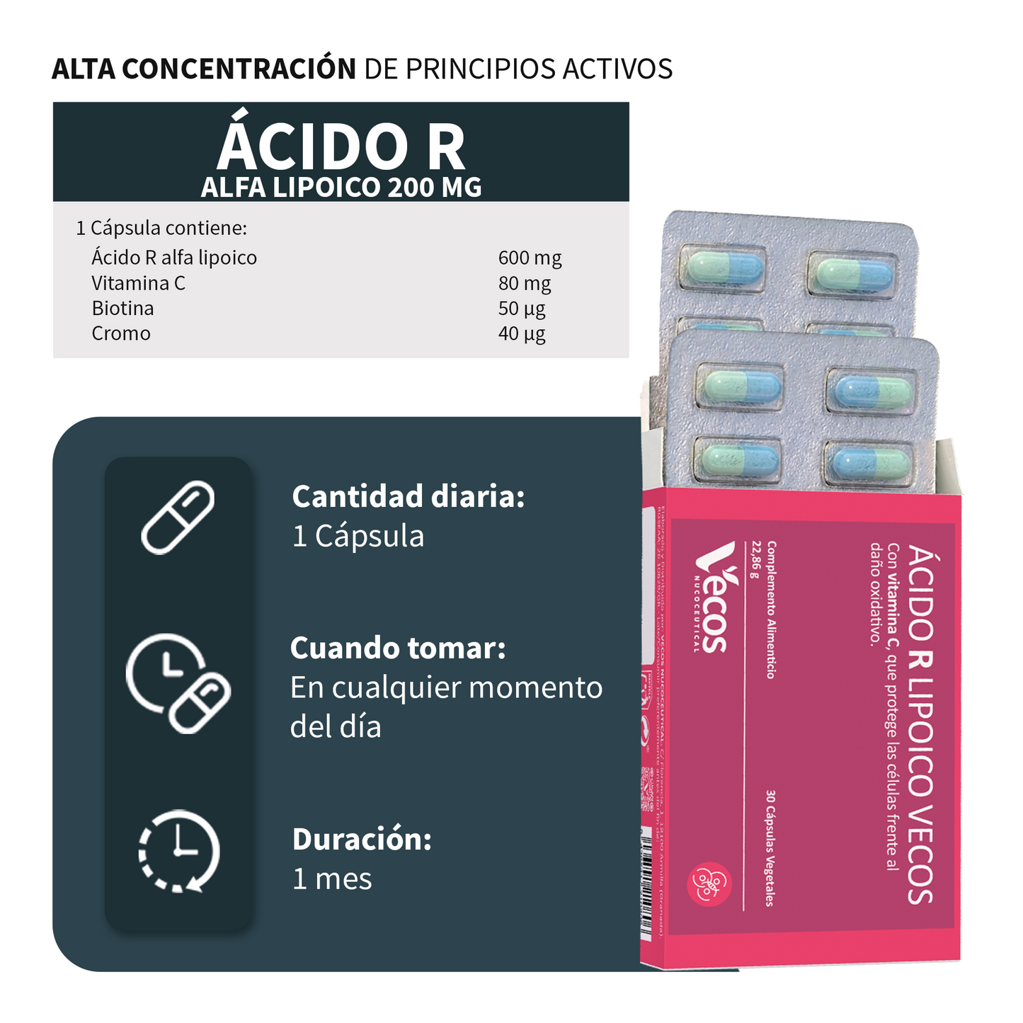 Ácido R Lipoico 600 mg VECOS (30 cápsulas) | Potente antioxidante | Glucosa normal | Con Vitamina C, Biotina y Cromo_2