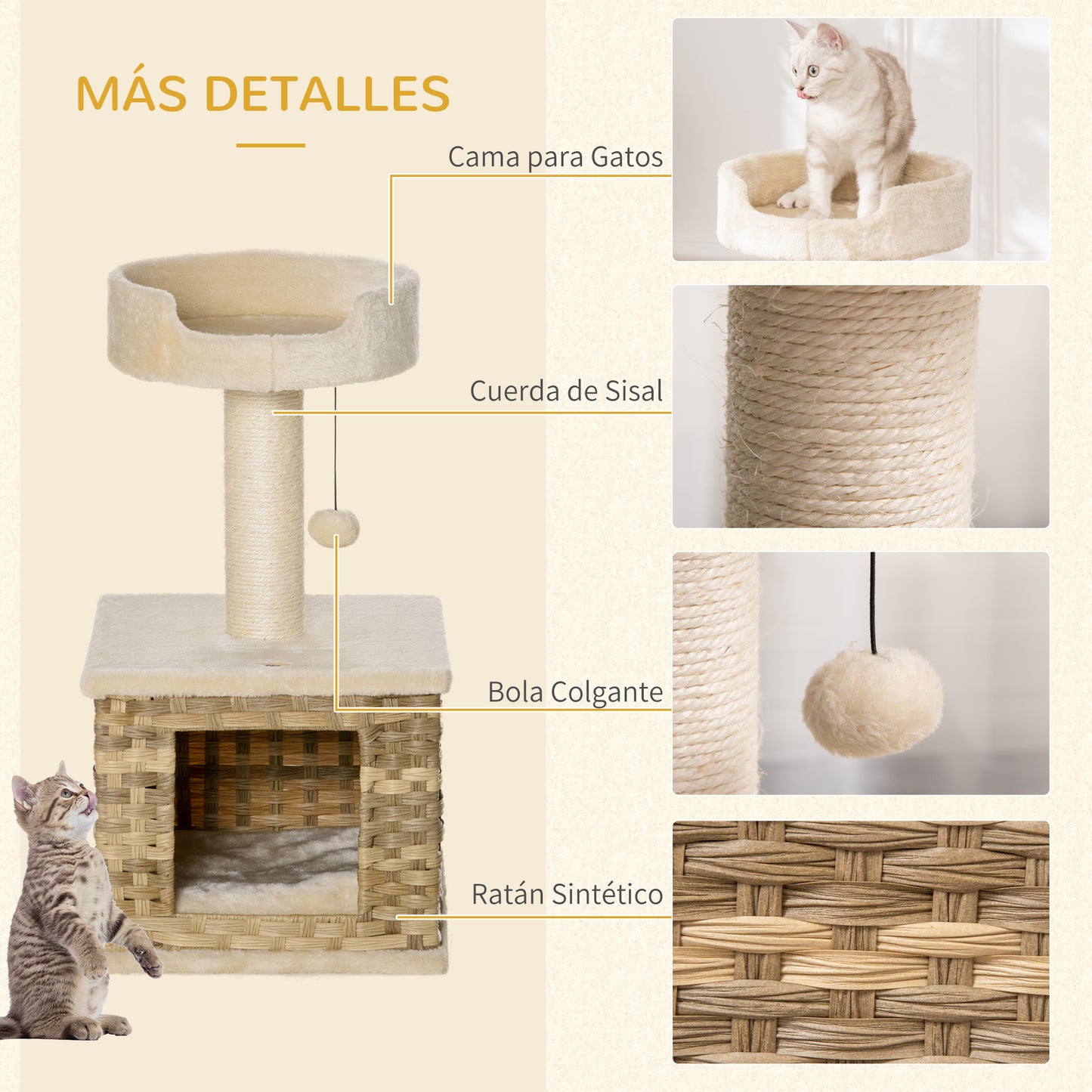 Pawhut Árbol Rascador Gatos Altura 69 Cm Con Cueva De Ratán Y Cama 36x36x69 Cm_5
