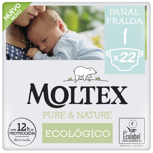 Fraldas T1 (2-5kg) Moltex Pure &amp; Nature, 22 Unidades