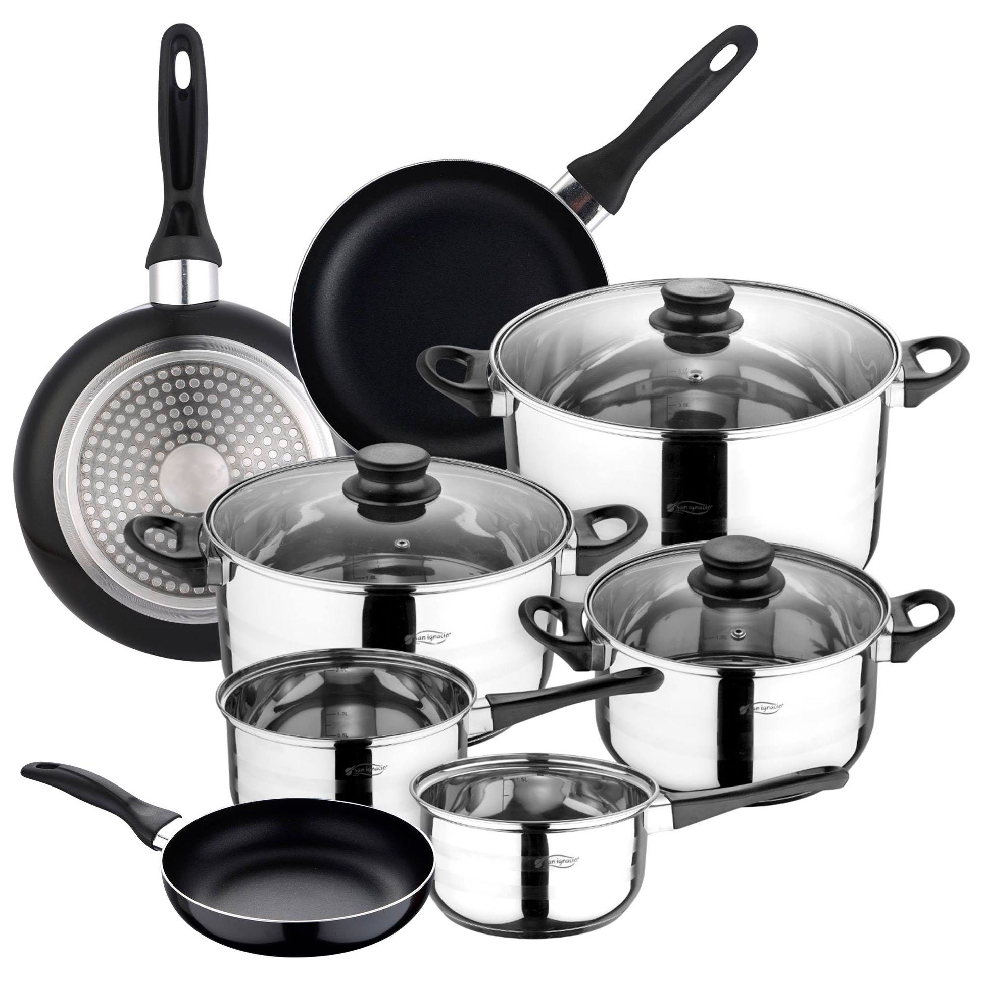Set De 3 Sartenes Ø16ø20ø24 Aluminio Prensado + Batería De Cocina 8pzs Acero Inoxidable_0