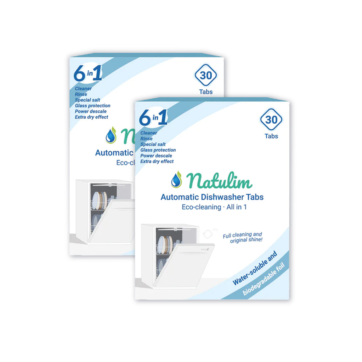Embalagem com 2 pastilhas Eco 6 em 1 para máquina de lavar loiça, Natulim, 30 unidades