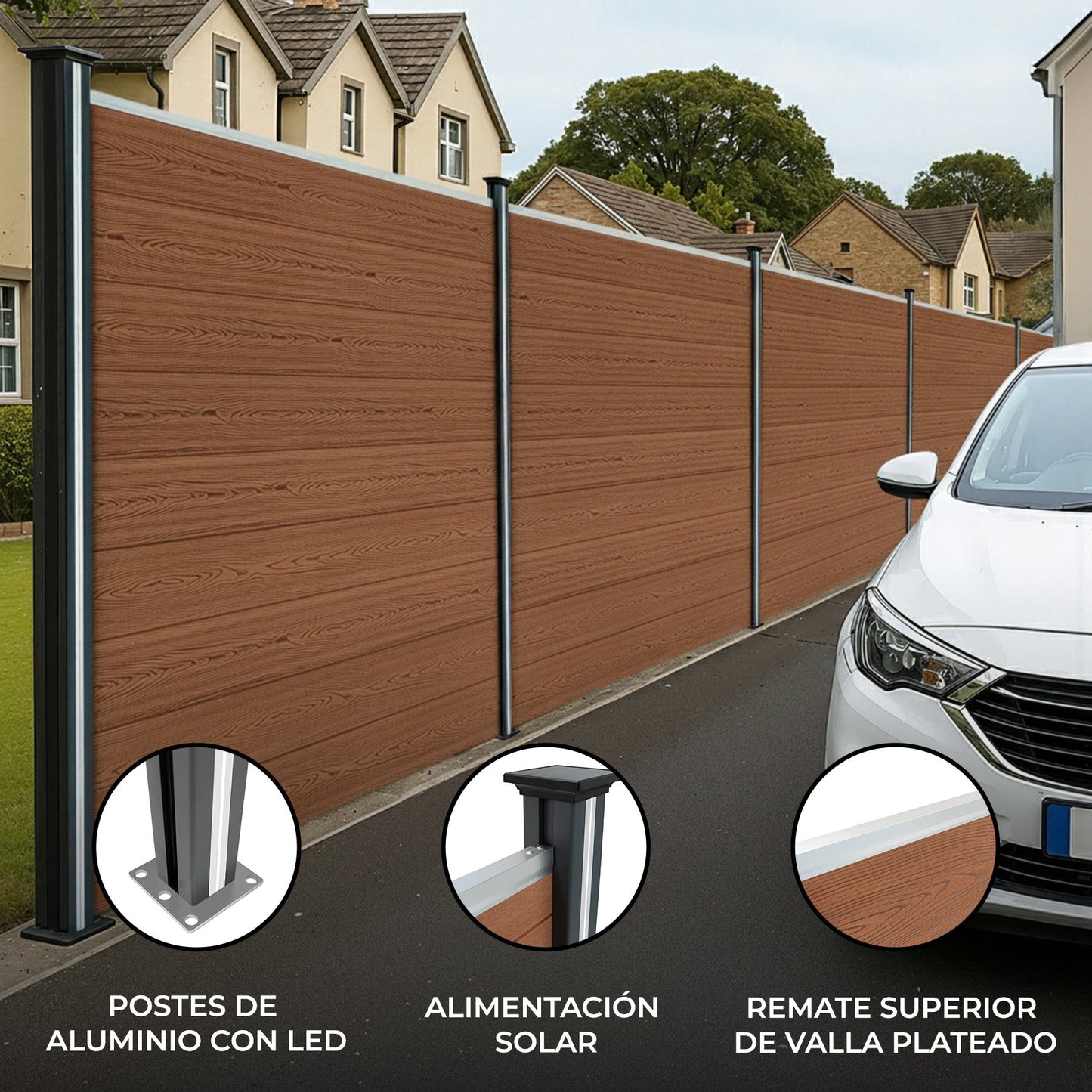Vallas Para Exteriores De Wpc Y Aluminio - 1x Panel Cuadrado + 1x Oblicuo + 2x Postes Con Led | Marrón_1