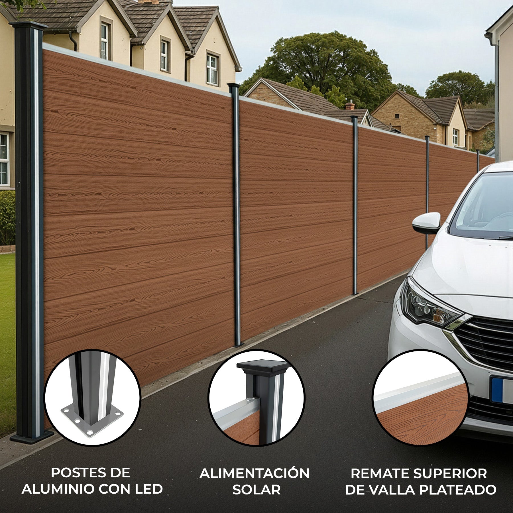 Vallas Para Exteriores De Wpc Y Aluminio - 4x Paneles Cuadrados + 1x Oblicuo + 5x Postes Con Led | Marrón_1