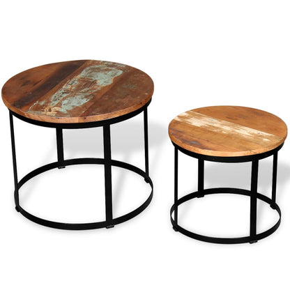 Mesa De Centro Redonda 2 Uds Madera Maciza Reciclada 40cm/50cm_2