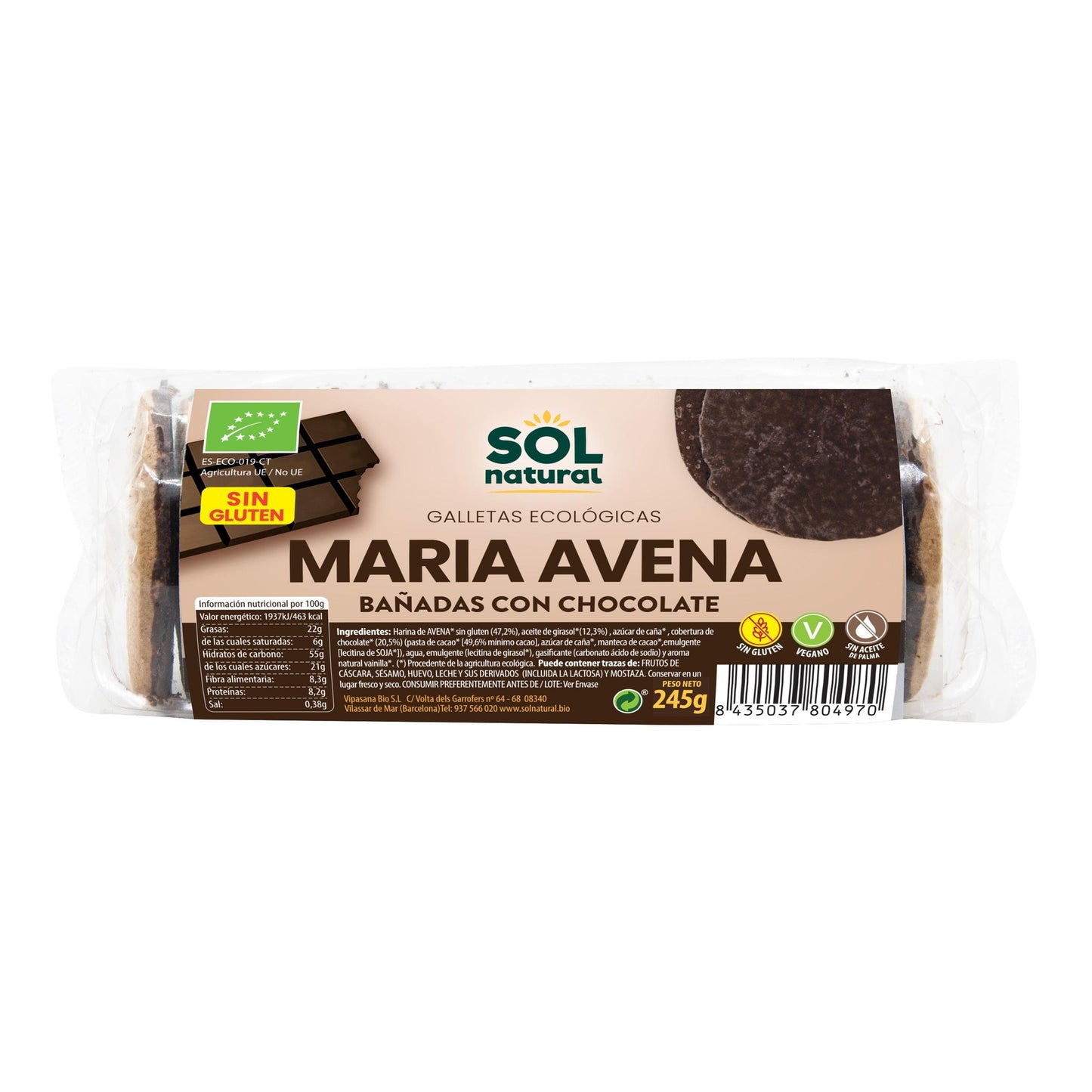 Bolachas Maria de aveia sem glúten cobertas com chocolate biológico Sol Natural 200 g