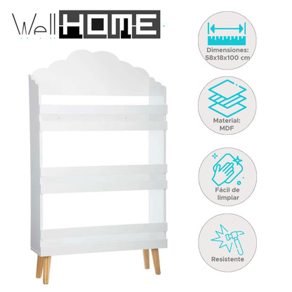 Well Home - Biblioteca De Madera Con 3 Estantes En Color Blanco Y Diseño De Nube H.100cm_1