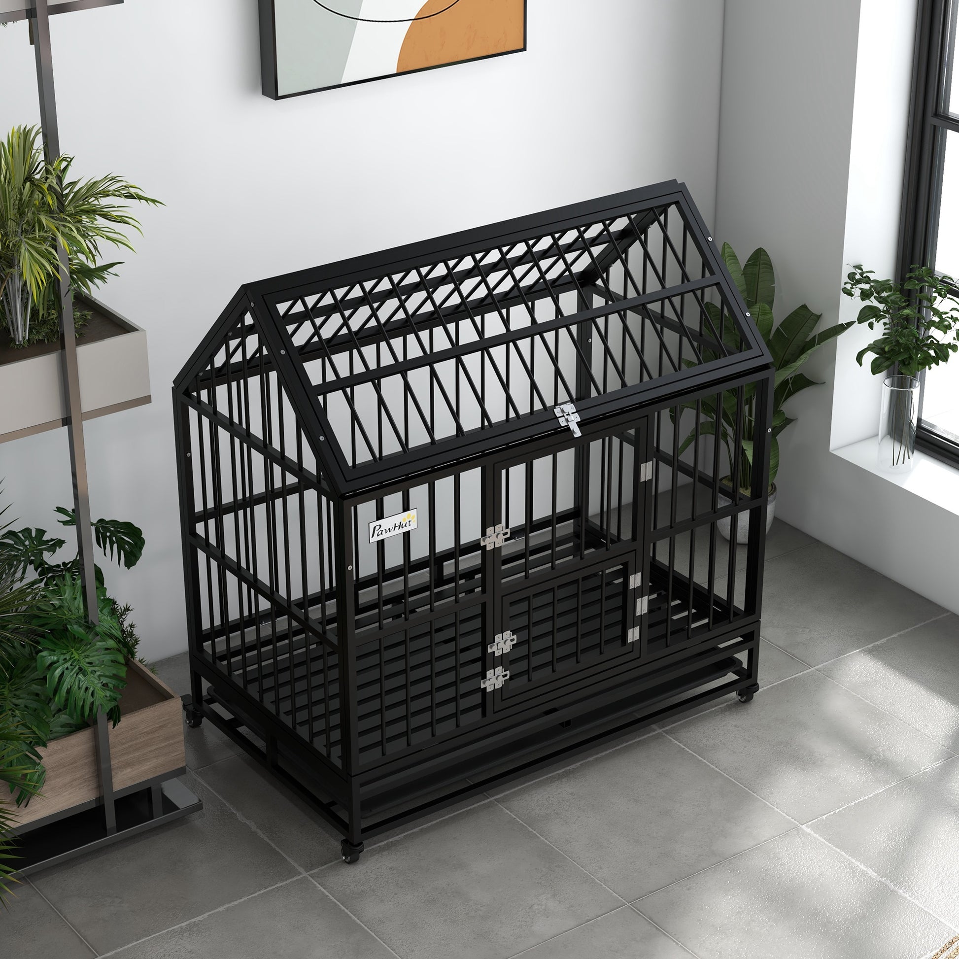 Pawhut Jaula Para Perros Grandes 123x74x125 Cm Con Ruedas Puertas Negro_3