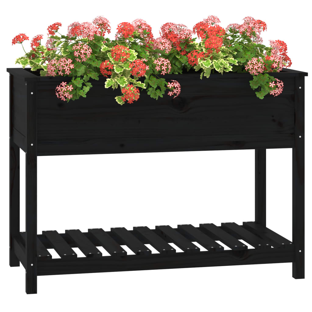 Jardinera Con Estante Madera Maciza Pino Negra 111,5x54x81 Cm_3