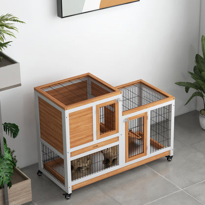 Pawhut Conejera De Madera De 2 Niveles Con Ruedas Y Bandejas Extraíbles Natural_3