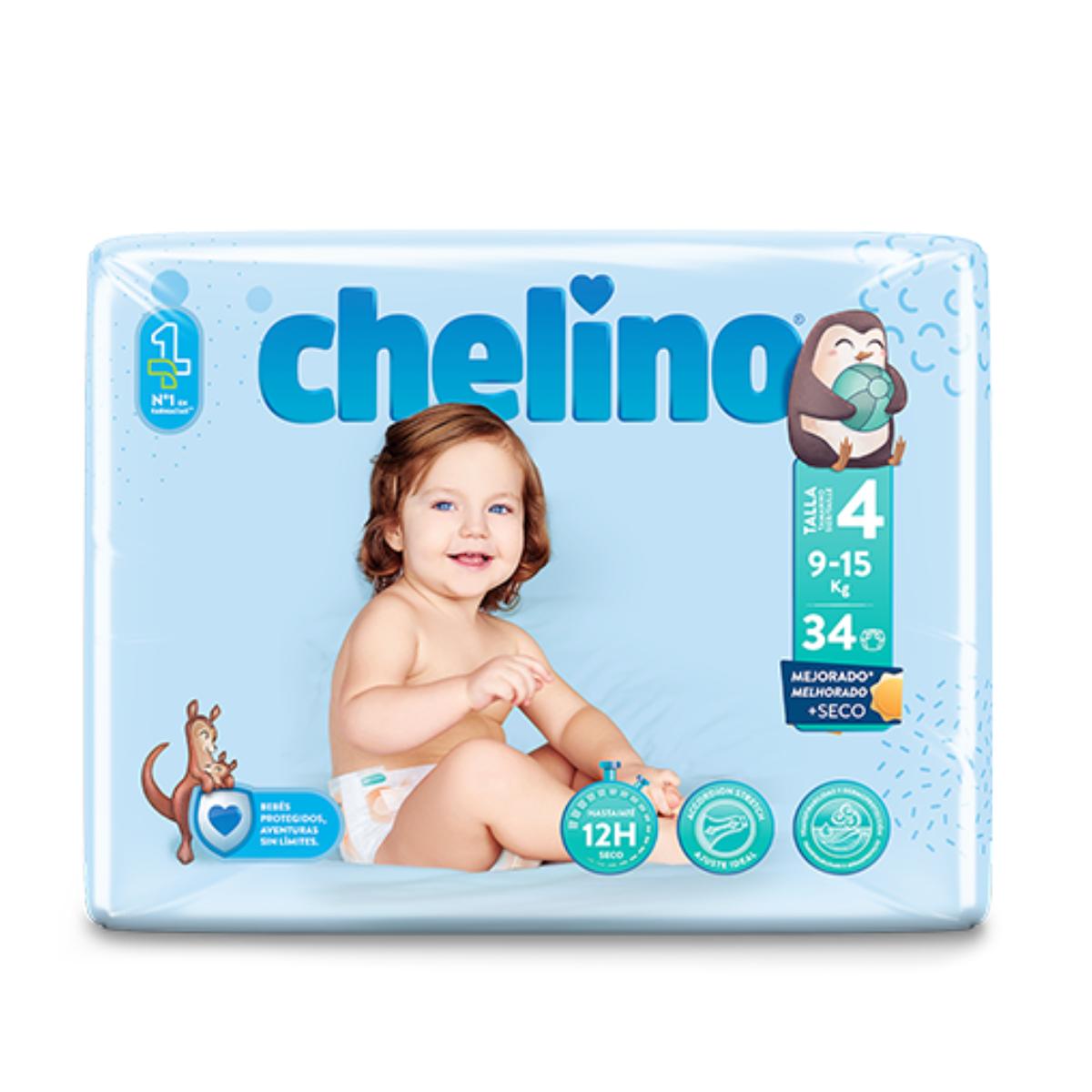 Embalagem de 6 fraldas T4 para gatinhar (9-15 kg) 34 unidades, Chelino