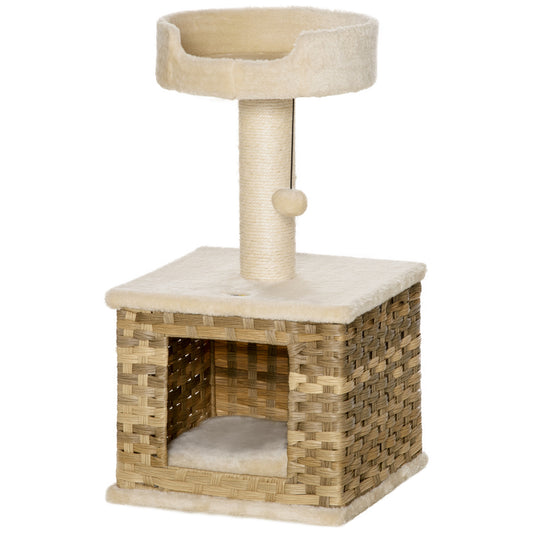 Pawhut Árbol Rascador Gatos Altura 69 Cm Con Cueva De Ratán Y Cama 36x36x69 Cm_0