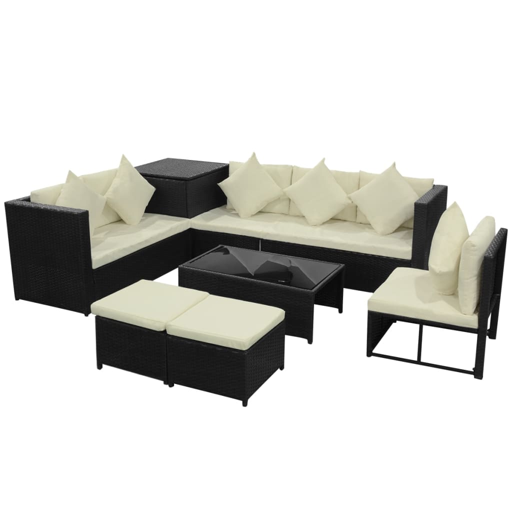 Conjunto De Sofás De Jardín En Ratán Impermeable Negro Con Cojines Beige / Vetonek_4