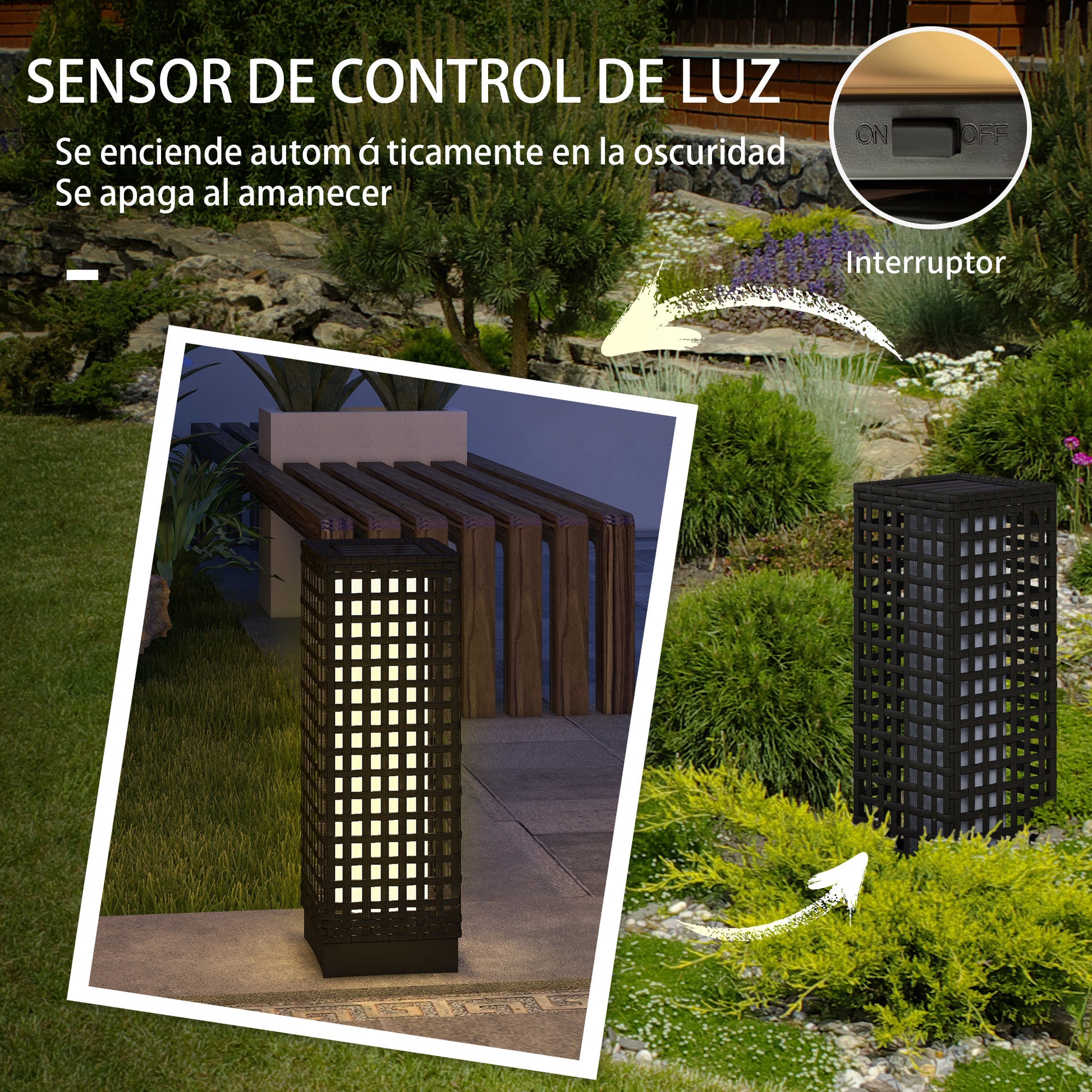 Outsunny Linterna De Jardín De Ratán Sintético Con Luces 15,5x15,5x46 Cm Negro_5