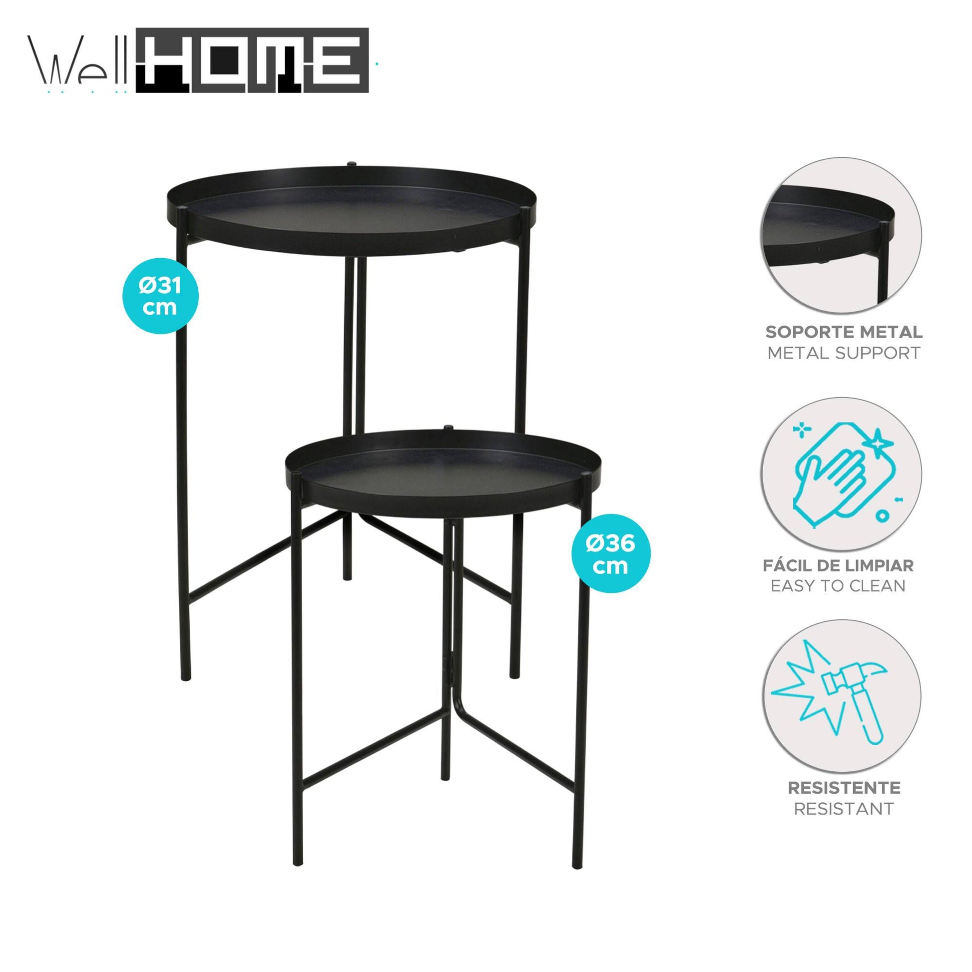 Well Home Juego De 2 Mesas Auxiliares Redondas En Metal Negro Ø31 Ø36cm_1