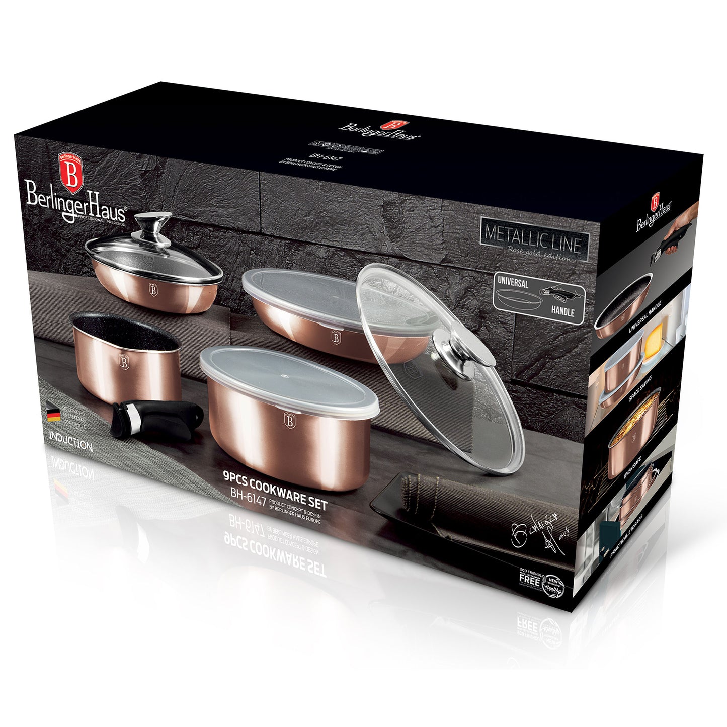 Batería De Cocina Aluminio Forjado 9 Piezas, Inducción, Asa Extraíble, Cazuelas Apilables Tapas Berlinger Haus Rose Gold Oro Rosado_5
