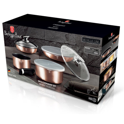 Batería De Cocina Aluminio Forjado 9 Piezas, Inducción, Asa Extraíble, Cazuelas Apilables Tapas Berlinger Haus Rose Gold Oro Rosado_5