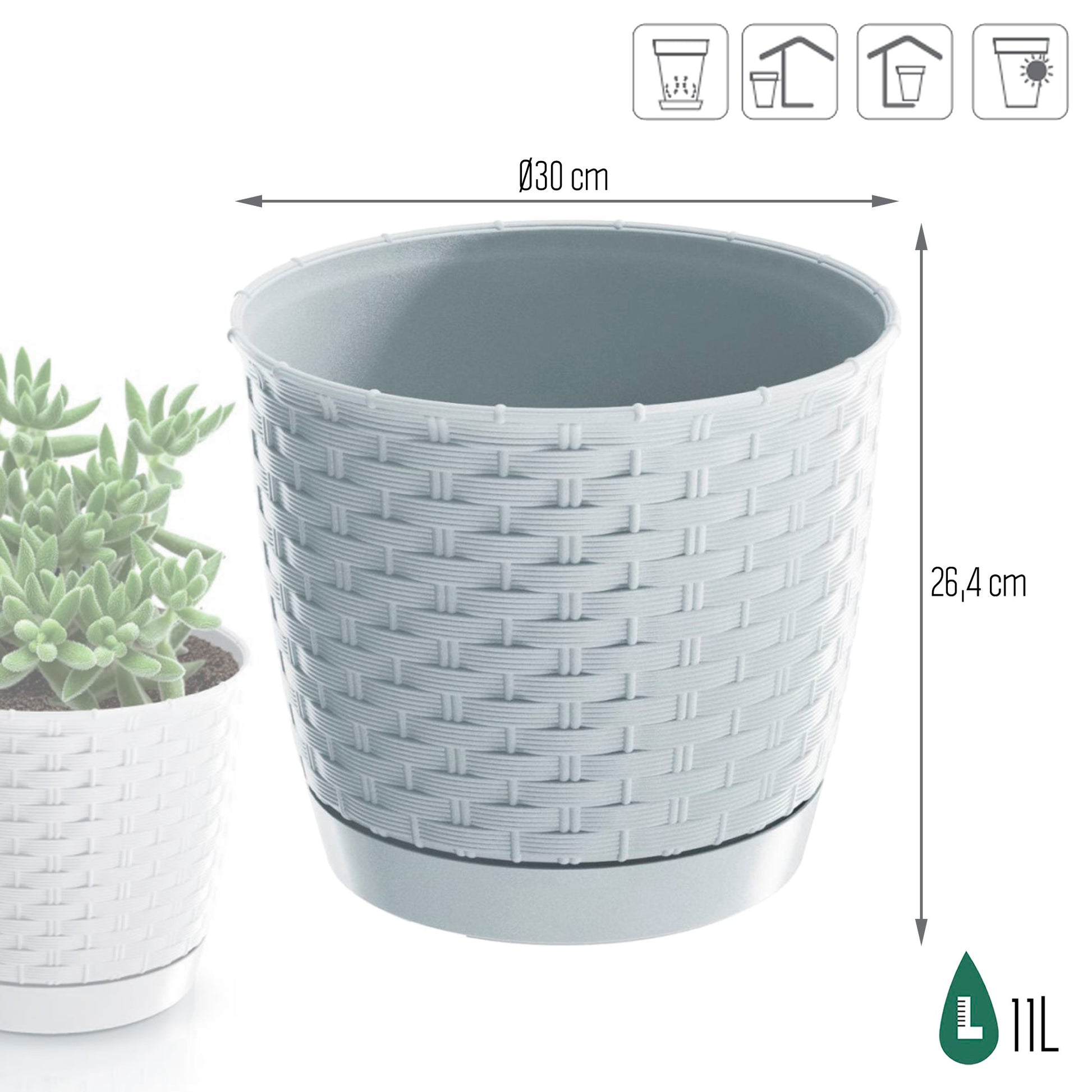 Maceta Ratolla Round 11l., Dimensiones (mm) 300x300x264, Color Blanco_2