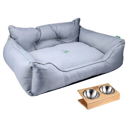 Cama Para Mascota 90x70x28cm Gris + Comedero Doble De Acero En Bambú_0