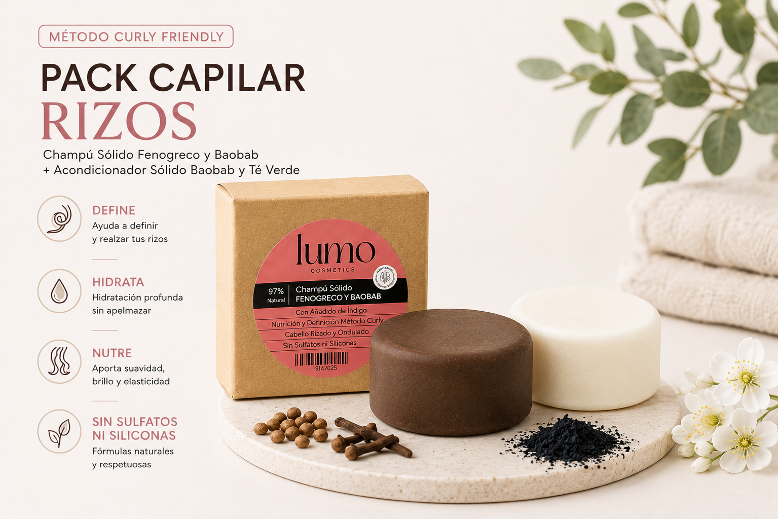 Pack Capilar Rizos | Champú Sólido Fenogreco y Baobab + Acondicionador Sólido | Método Curly_1