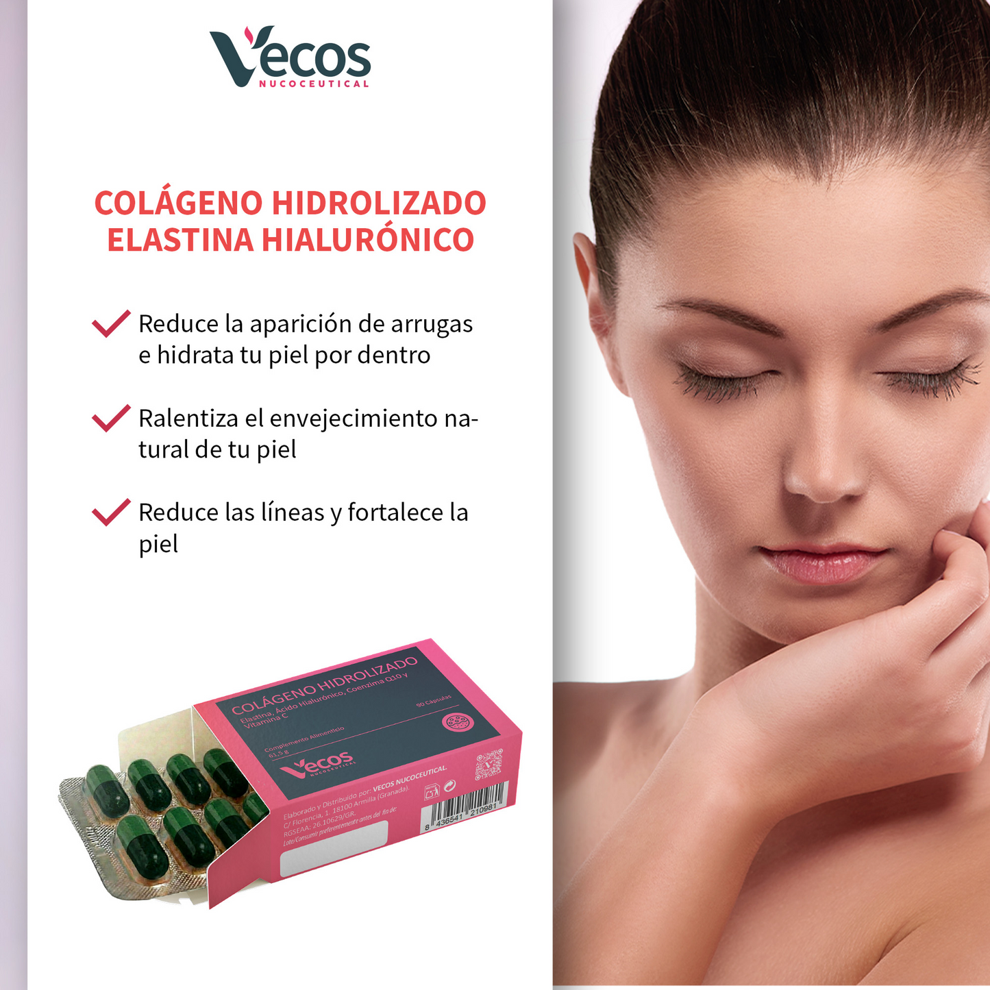 Colágeno Hidrolizado VECOS (90 cápsulas) | Elasticidad, Hidratación y Anti edad | Ácido hialurónico, Elastina y Q10_3