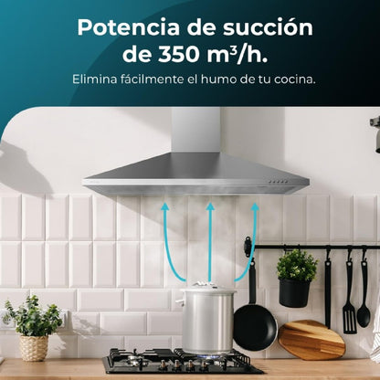 Campana Extractora 90 Cm Piramidal Bolero Flux Pm 903500 Inox B. Motor 65w, Acabado Inox, Succión 350m3/h, Control Mecánico, 3 Niveles De Potencia,_1