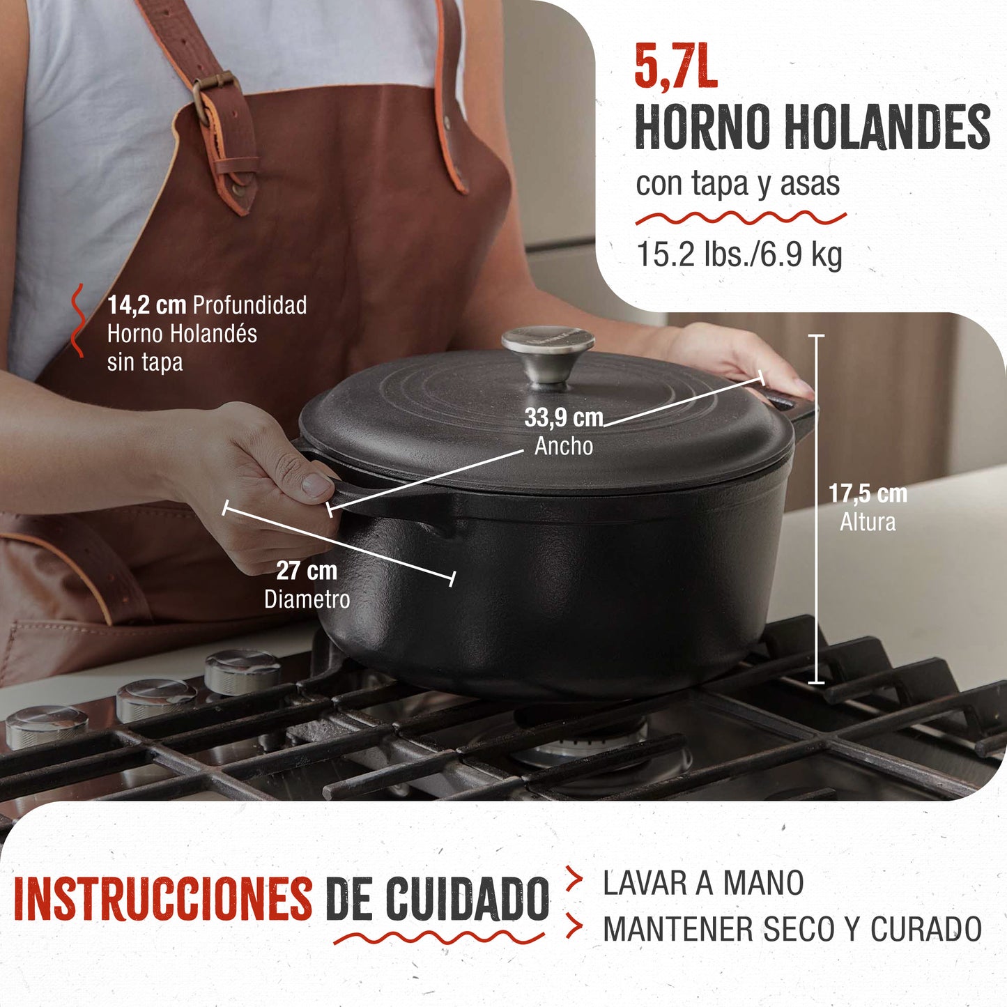 Victoria Horno Holandés Olla Inducción Hierro Fundido Curado 27cm, Cocotte 5,7l, Sin Ptfe Ni Pfoa, 33811, Negro_4