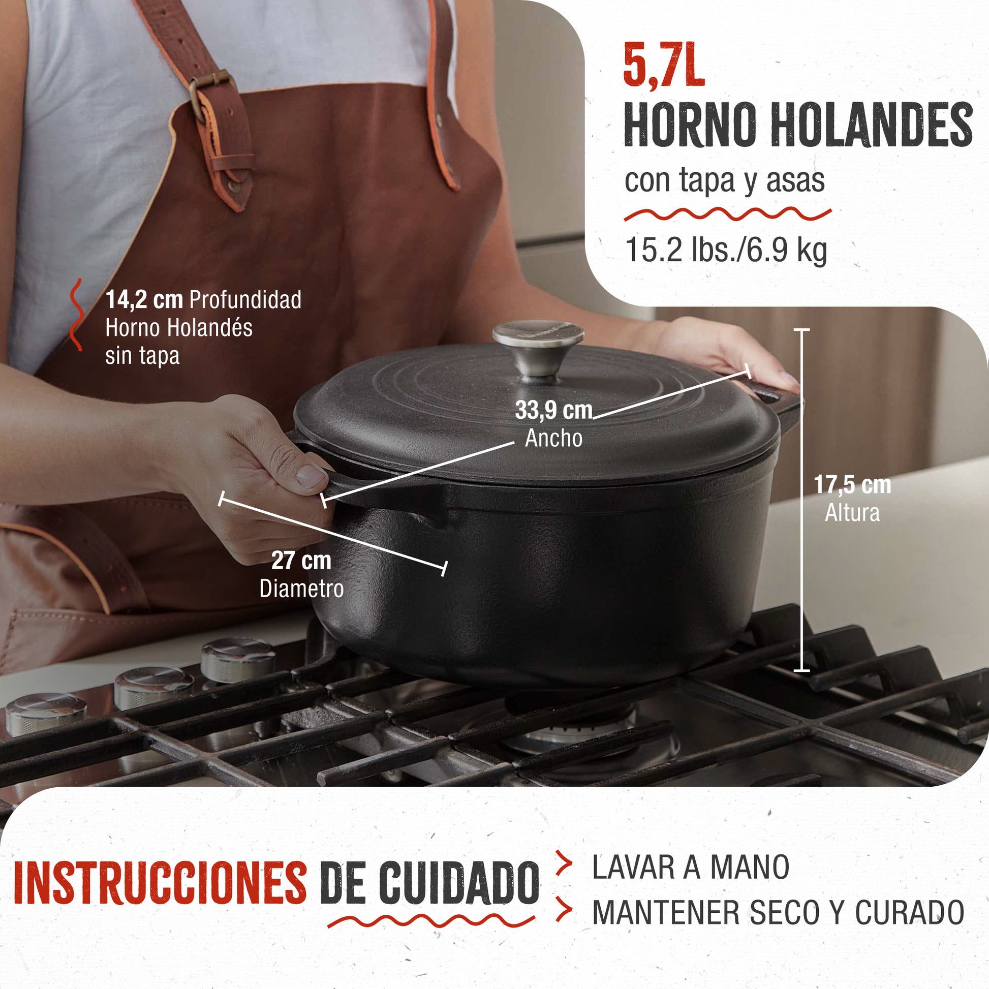 Victoria Horno Holandés Olla Inducción Hierro Fundido Curado 27cm, Cocotte 5,7l, Sin Ptfe Ni Pfoa, 33811, Negro_4