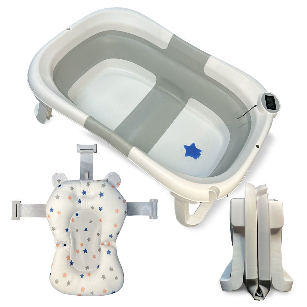 Bathby Bañera Bebé Plegable Con Termómetro, Cojín Antideslizante, Patas Antideslizantes (gris Oasis)