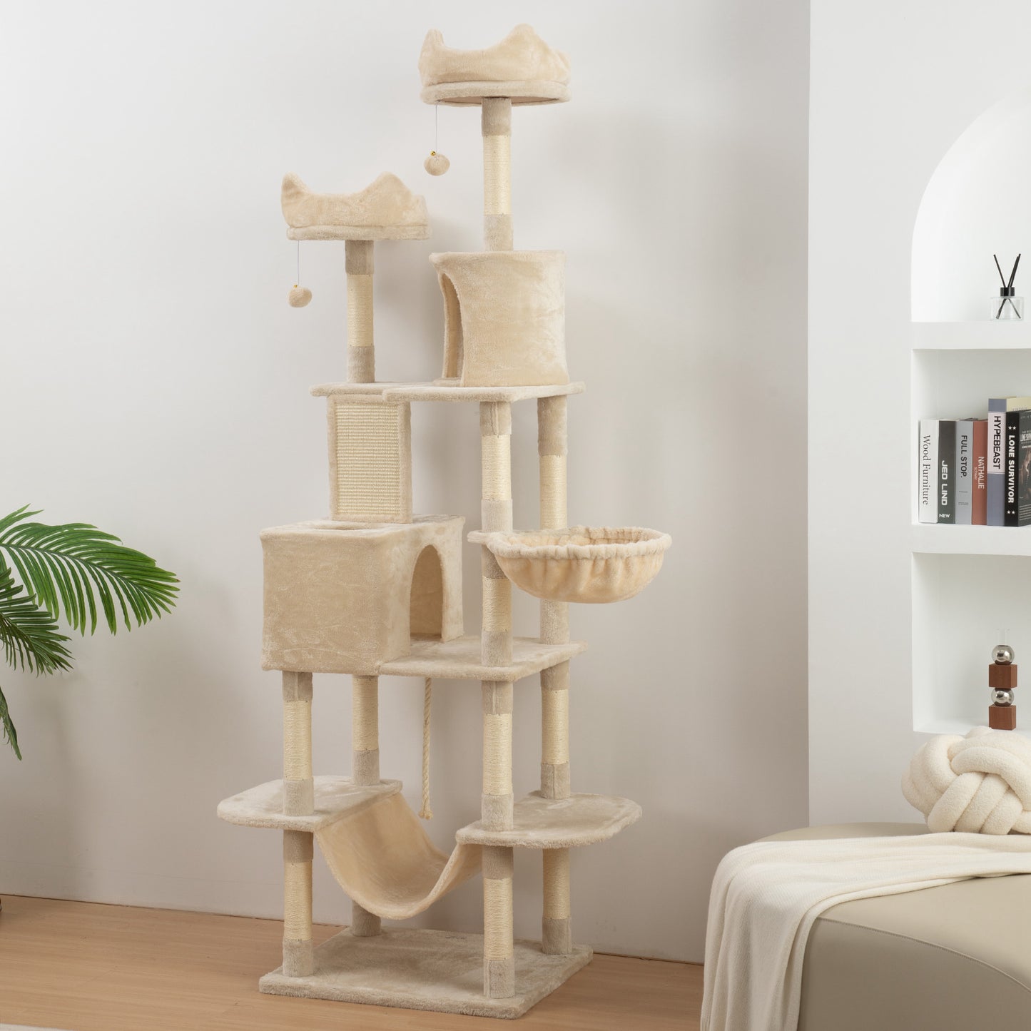 Pawhut Árbol Rascador Para Gatos Grande Altura 206 Cm Con Hamacas Beige_1