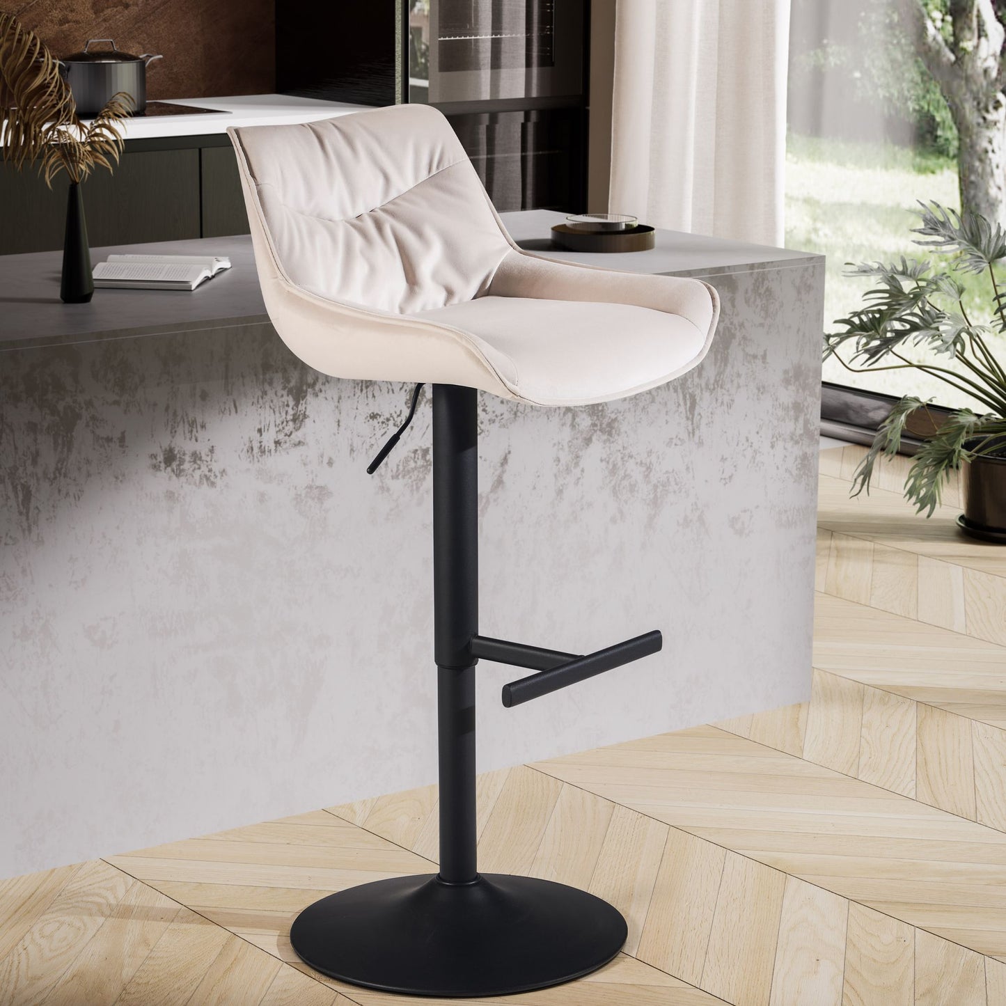 Taburete De Bar Terciopelo Beige Con Respaldo 86 - 106 Cm_1